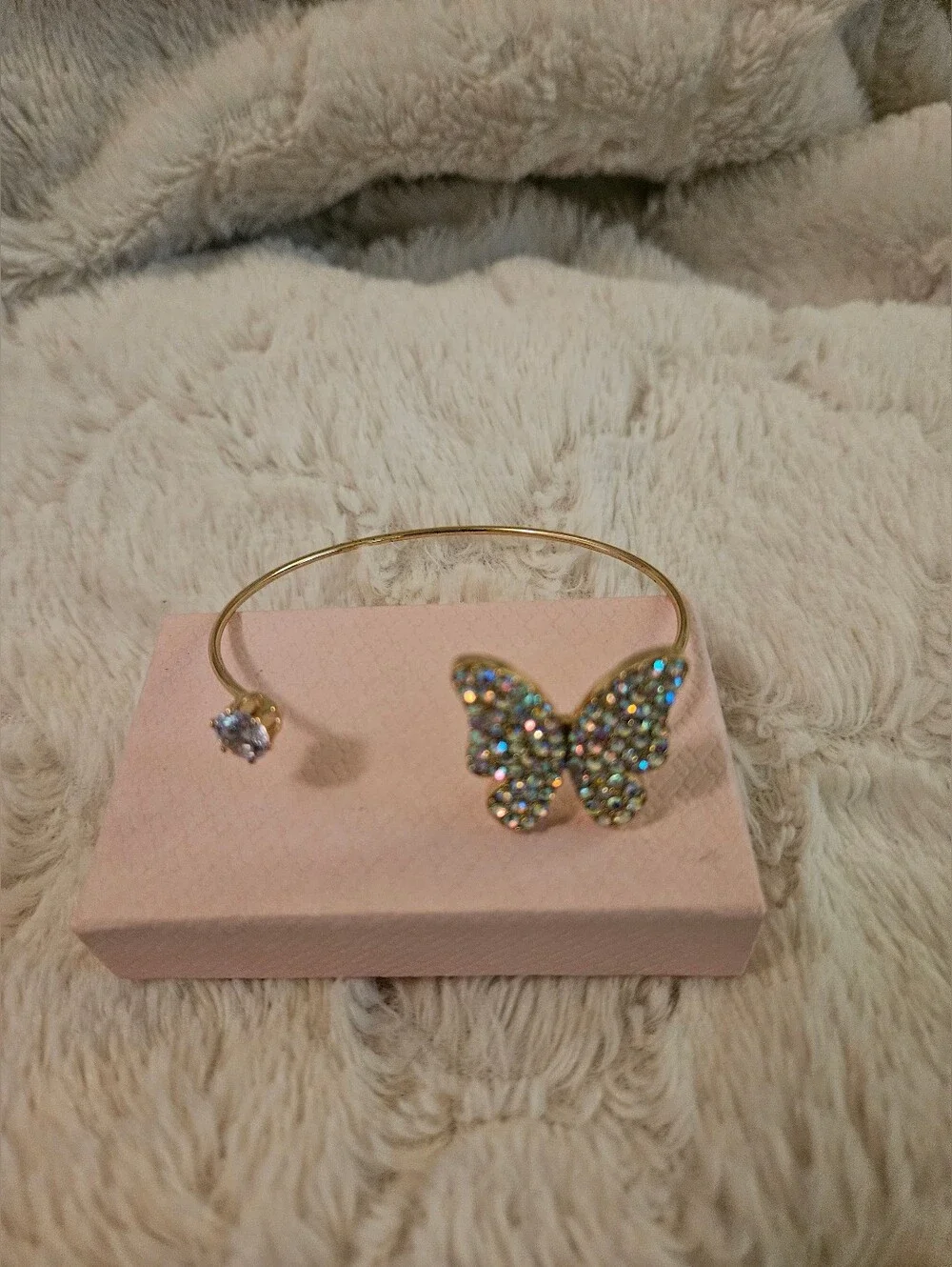 Gold Butterfly Crystal Open Cuff Bracelet - Multi-Color Crystal Accent